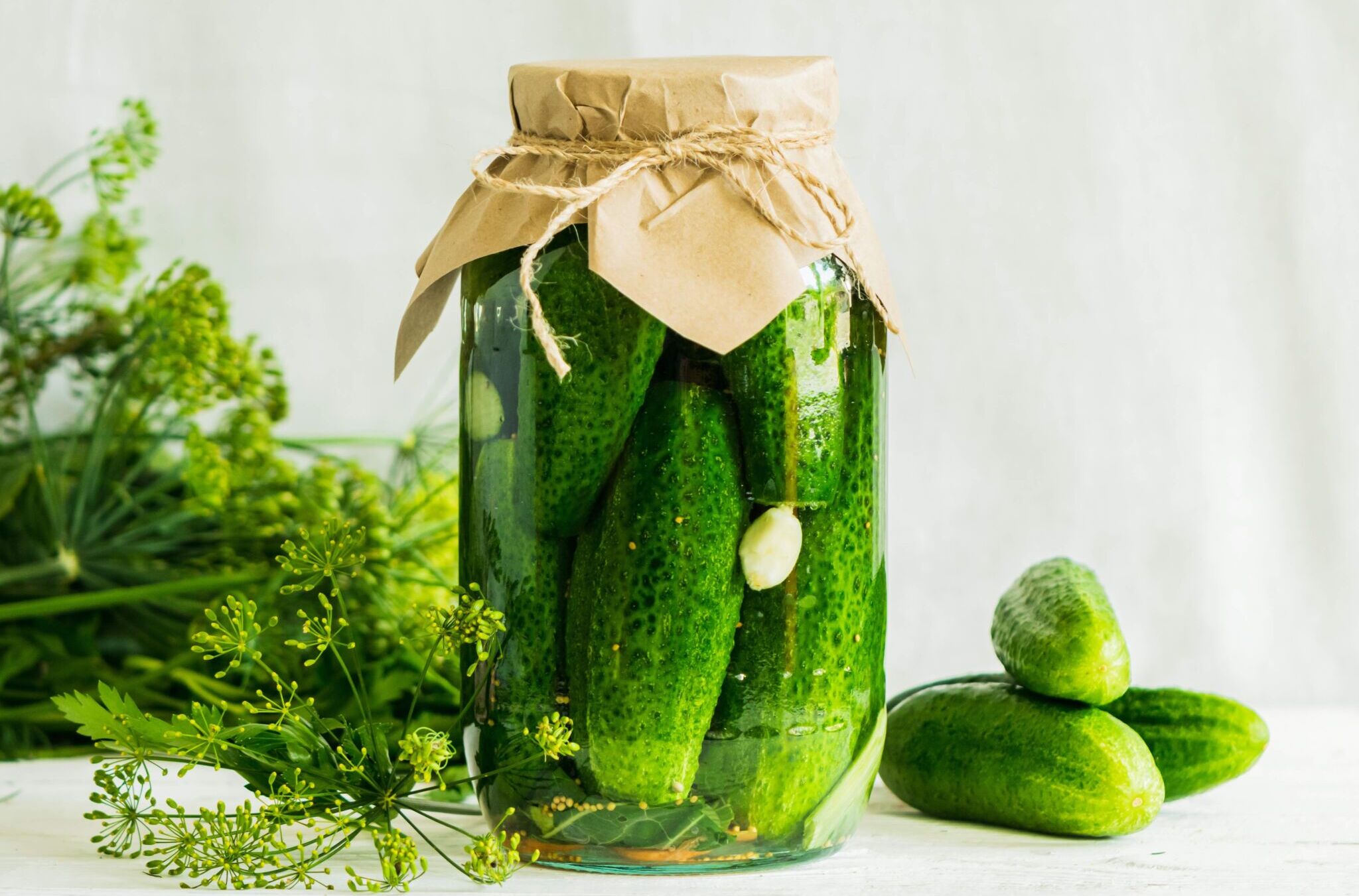 Fermented or canning cucumbers in glass jar on table a light background. Processing of the autumn harvest. Canned food Fermented or canning cucumbers in a glass jar on a table a light background. Processing of the autumn harvest. Natural rustic style. Copy space. Canned food